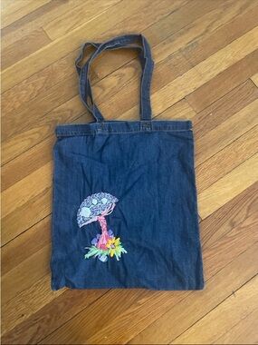 Hand-Embroidered Mushroom Denim Tote Bag